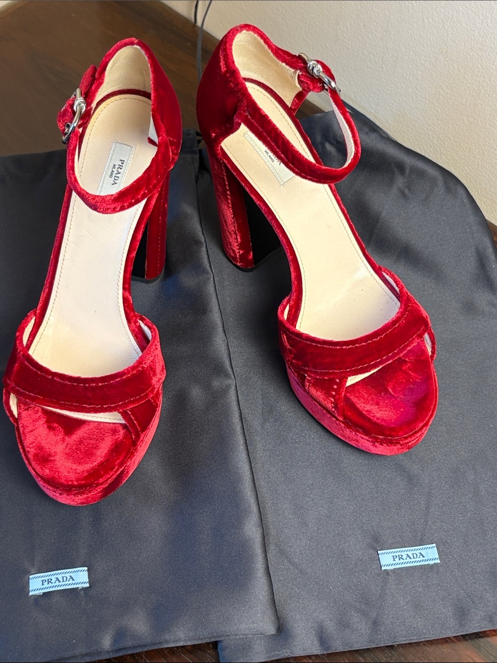Prada Red Velvet Platform Ankle-Strap Sandals